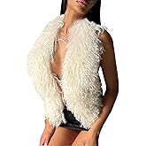Ecirod Womens Y2K Fuzzy Faux Fur Collar Halter Vest Crop Tops Sexy Sleeveless Backless Tie Lace Up Waistcoat