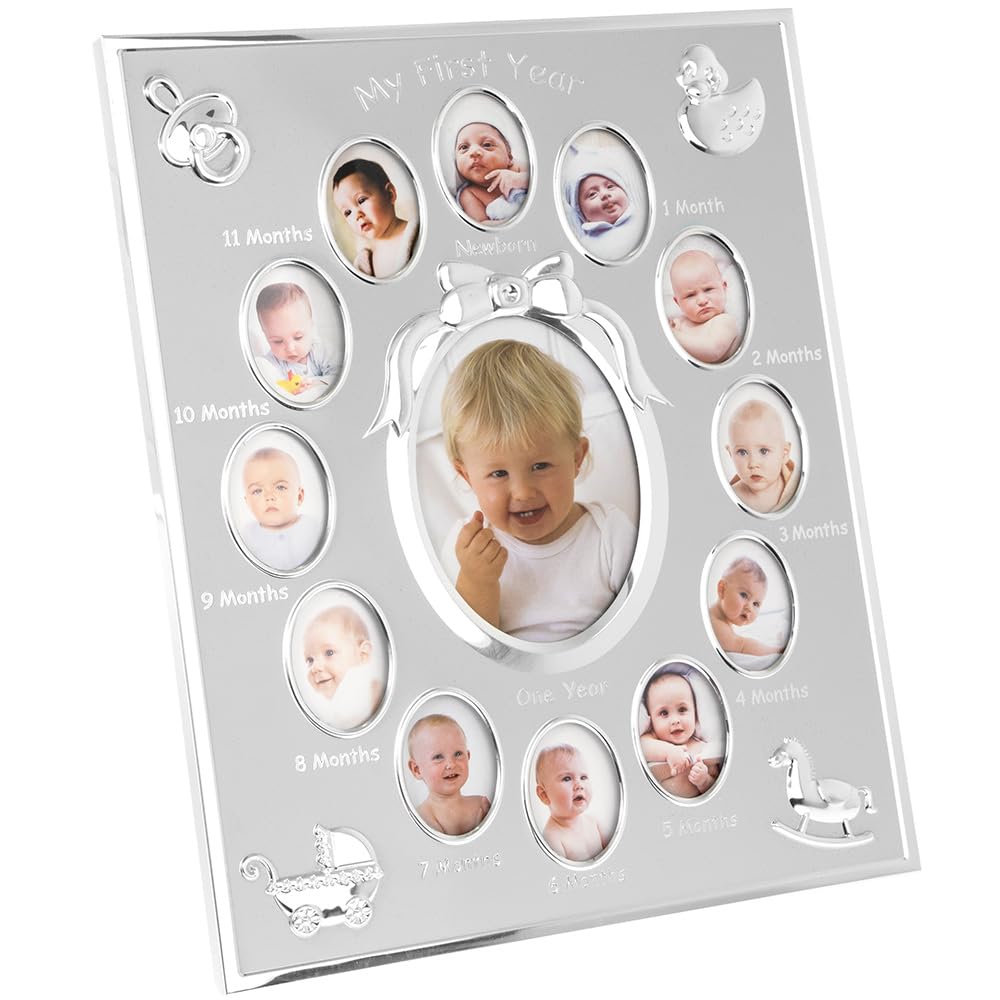 Silver Colour 'My First Year' Baby Multi-Photo Frame holds 13 Photos - My First Year Baby Beautiful Multi-Photo Picture Frame - 13 Photos Frame Perfect First Birthday Accessories for Baby's Birthday