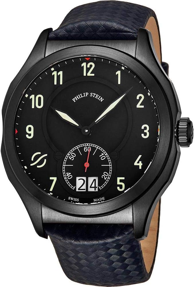 Philip Stein Prestige Big Date Mens Black Stainless Steel Watch - Swiss Made with Luminous Hands and Numbers Blue Leather Band - Natural Frequency Technology Provides More Energy and Better Sleep