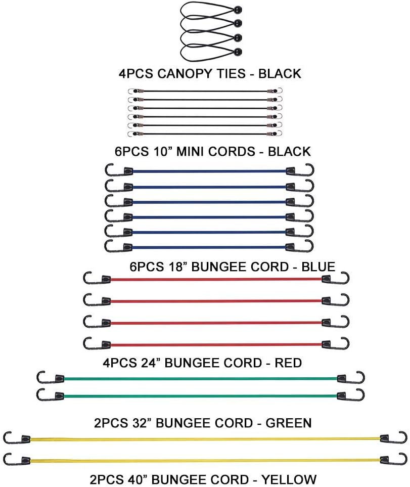 NoOne 25 pcs Heavy Duty Bungee Cords with Hooks in Jar, 100% Latex Core Elastic Strong Bungie Straps Set Assortment with a Drawstring 1416 inches Organizer Bag: Automotive