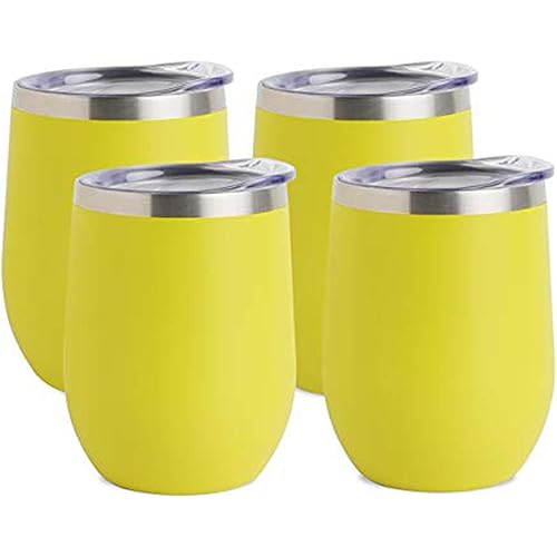 Jearey Stemless Wine Glass Tumbler 12 oz Stainless Steel Double Wall Vacuum Insulated Wine Cup with Lid Travel Friendly (4 Pack, Yellow)