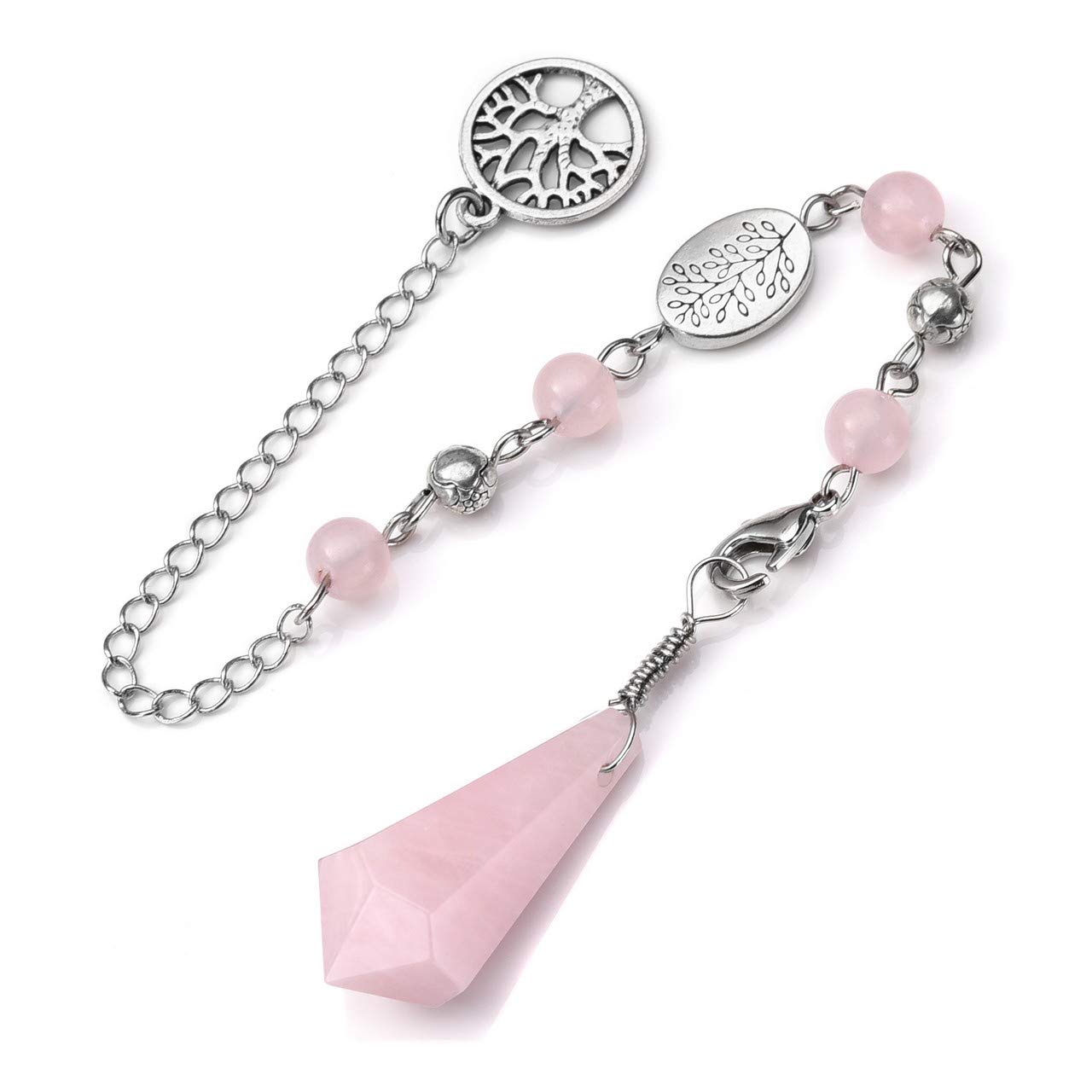 CrystalTears Natural Rose Quartz Crystal Pendulum Hexagonal Healing Crystal Point Dowsing Pendulum Necklace for Divination Chakra Reiki Healing Meditation Balancing