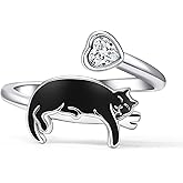 PXSilver Sterling Silver Black Cat Ring - S925 Kitty Open Rings Cute Witch Jewelry Gifts for Women Pet Lover