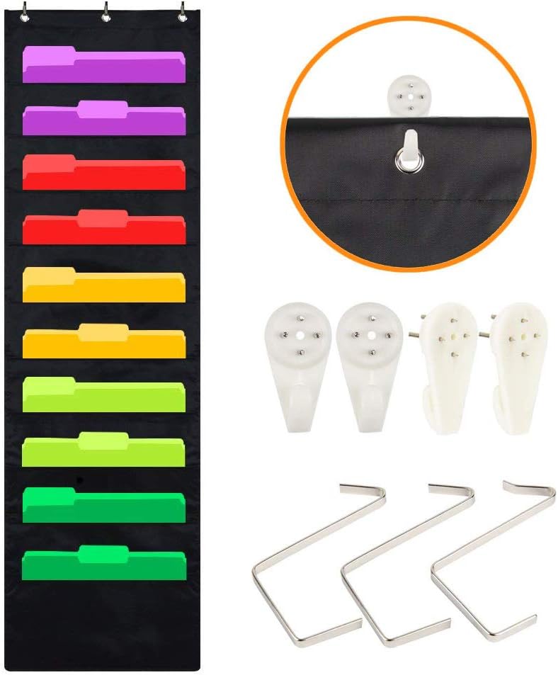 File Folder Organizer Hanging Wall, Cascading Wall Organizer, Storage Pocket Chart with 10 Large Pockets for Office, School, Home Studio, etc. 3 Hangers and 4 Hooks Bill Filing (10 Pockets)