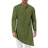 Runcati Mens Kaftan Robe Thobe Cotton Long Sleeve Henley Shirt Casual Muslim Gown Kurta Tops