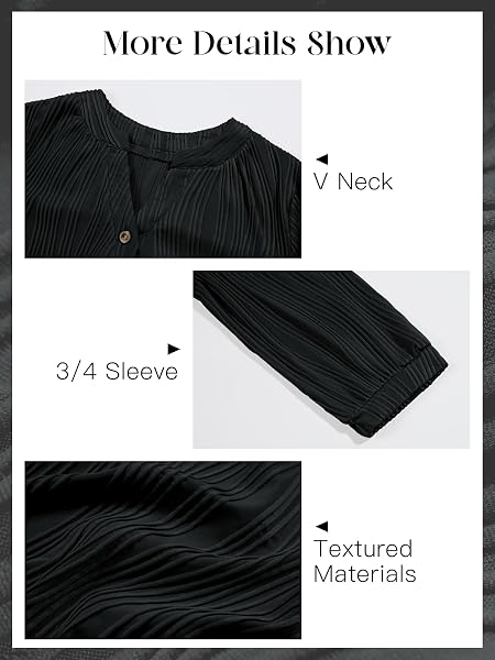 TANKANEO WOMENS 3/4 SLEEVE TUNIC TOPS LOOSE FIT DRESSY CASUAL V NECK TEXTURED SHIRTS BLACK, SMALL