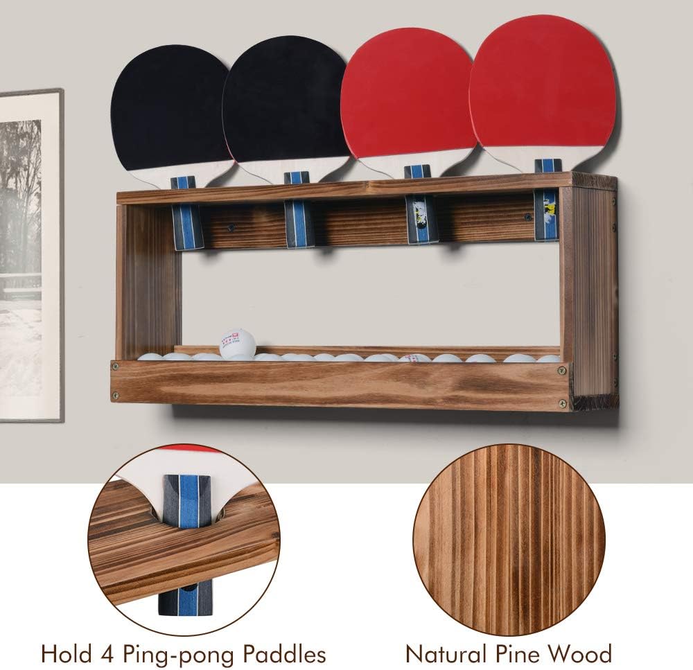 ikkle Ping Pong Paddle Storage Rack Table Tennis Racket Display Wall Mounted Holder for 4 Paddles and Balls Storage in Bar Room, Game Room, Office Break Room, Garage, Bedroom, Home, Rustic Burnt: Sports & Outdoors