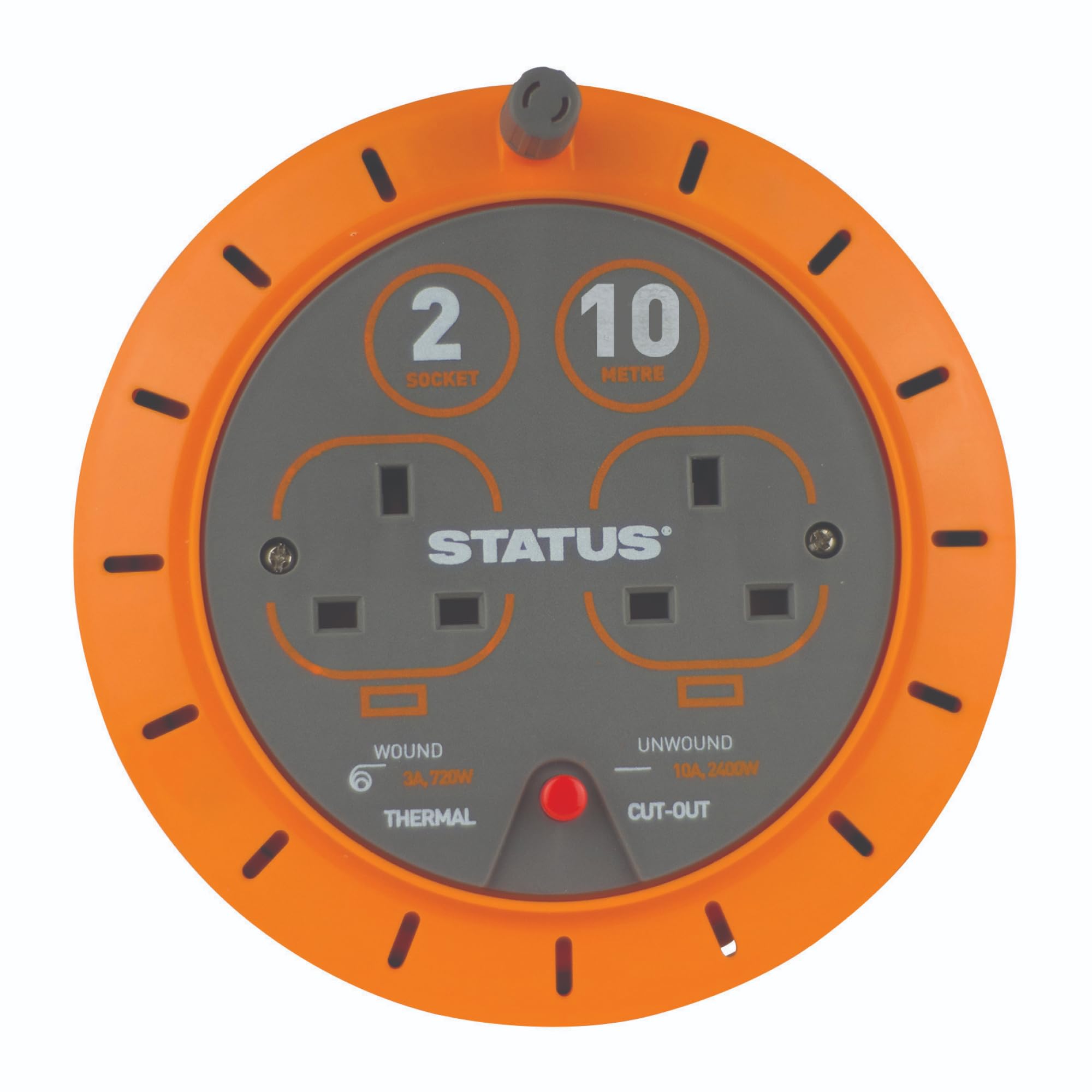 STATUS 10m Cassette Cable Reel with Double Socket, 10A Extension Lead with Thermal Cut-Out for Home and DIY Use, Orange (S10A10MCR6)