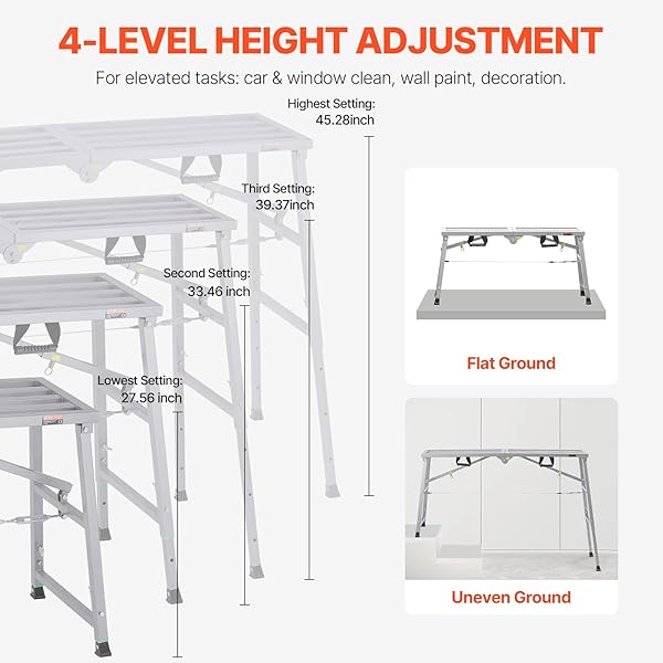 VEVOR WORK PLATFORM, 55″X 15″ PORTABLE SCAFFOLDING PLATFORM, FOLDING STEEL STEP LADDER ADJUSTABLE HEIGHT 27.5”-45.3”, 800 LBS LOAD CAPACITY, NON-SLIP DRYWALL PAINTING STOOL FOR CLEANING &WASHING