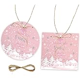 50pcs Snowflake Thank You Tags, Christmas Gift Tag with String for Winter Party, Pink Snow Round Thank You Paper Tags for Christmas Holiday Themed Party Favors
