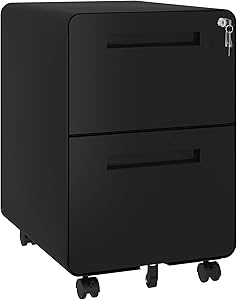 YITAHOME 2 Drawer Rolling File Cabinet, Metal Mobile Filing Cabinet with Lock Under Desk, Anti-Tilt File Cabinet for Legal/Letter Files in Commercial Office Home, Black