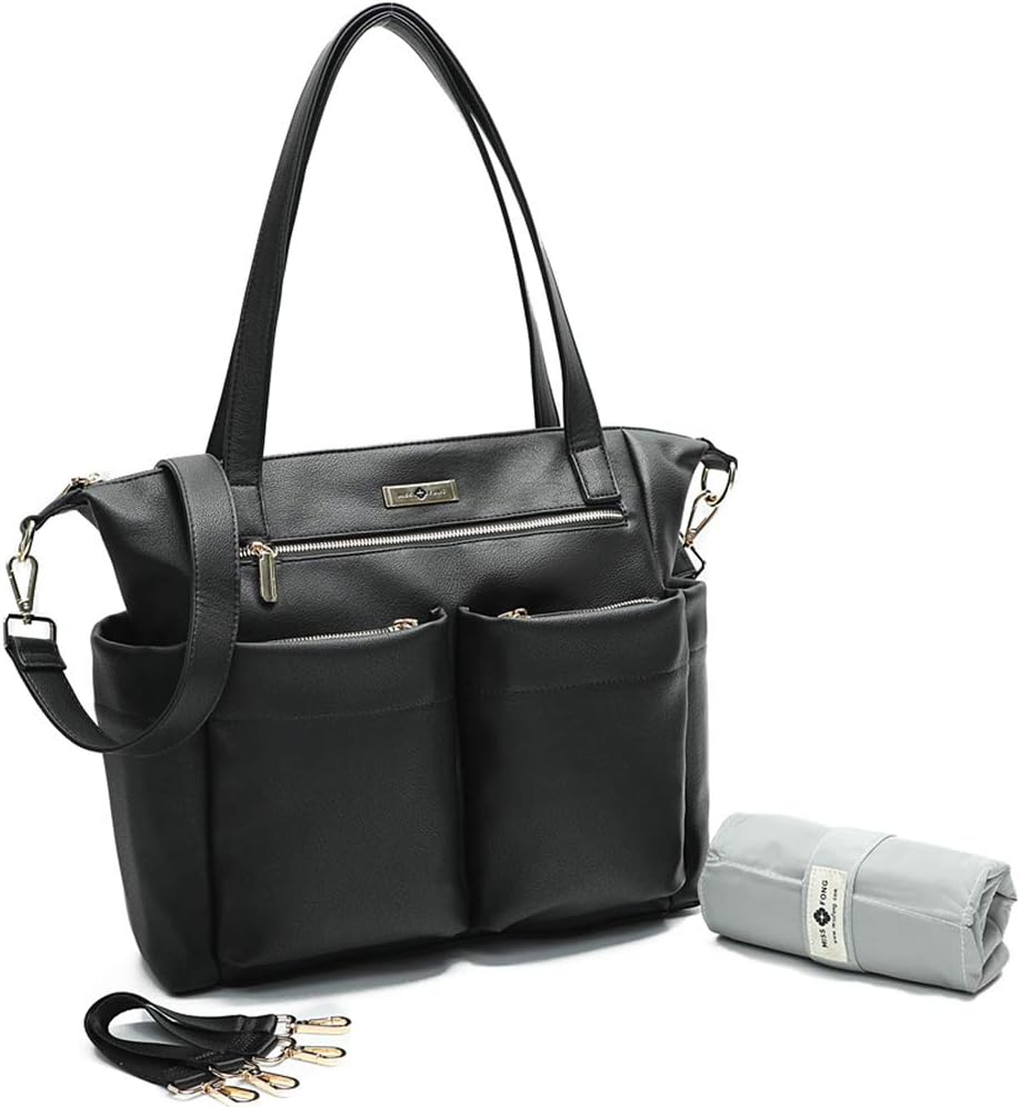 MISS FONG Baby Changing Bags Nappy Changing Backpack Leather Baby Bags Diaper Bag with Changing Mat & Stroller Straps for Maternity Pregnancy Mum and Dad Black