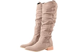 Tednrk Knee High Boots Women Suede Wide Calf Western Cowgirl Boots Low Chunky Heel Side Zipper Booties Fashion Dress Boot