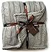 Cable Knit Sherpa Oversized Throw Reversible Blanket Faux Sheepskin Lined Cozy Cotton Blend Sweater Knitted Afghan in Grey White or Turquoise Blue (Grey)
