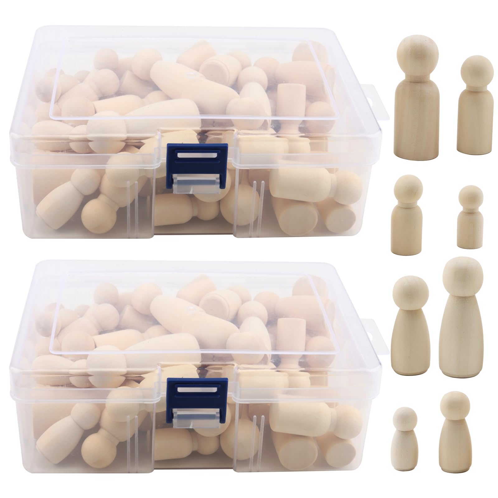 DAKFOOK 100 Pcs Wooden Peg Dolls, 4 Sizes Wooden People Shaped Dolls with Storage Box, Unfinished Wooden Peg Dolls for Painting, DIY Crafts and Decoration, 33/43/53/65mm