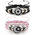 MENGYUEXUAN Luminous Sun and Moon Couple Bracelet - Glow in the Dark Matching Braided Leather Jewelry for Couples, Adjustable Long Distance Love Gift for Him & Her