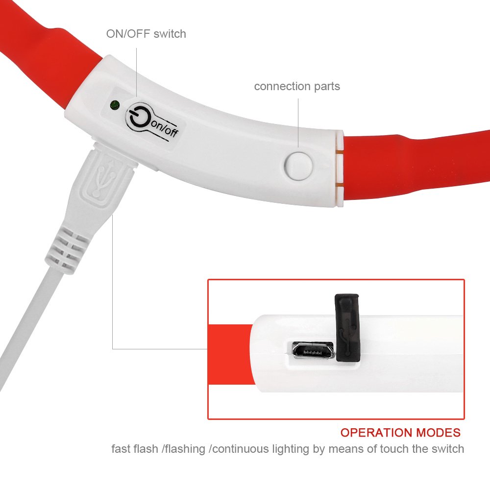 ZOGIN LED Pet Dog Collar, USB Rechargeable LED Dog Safety Flashing Light Collar-Red