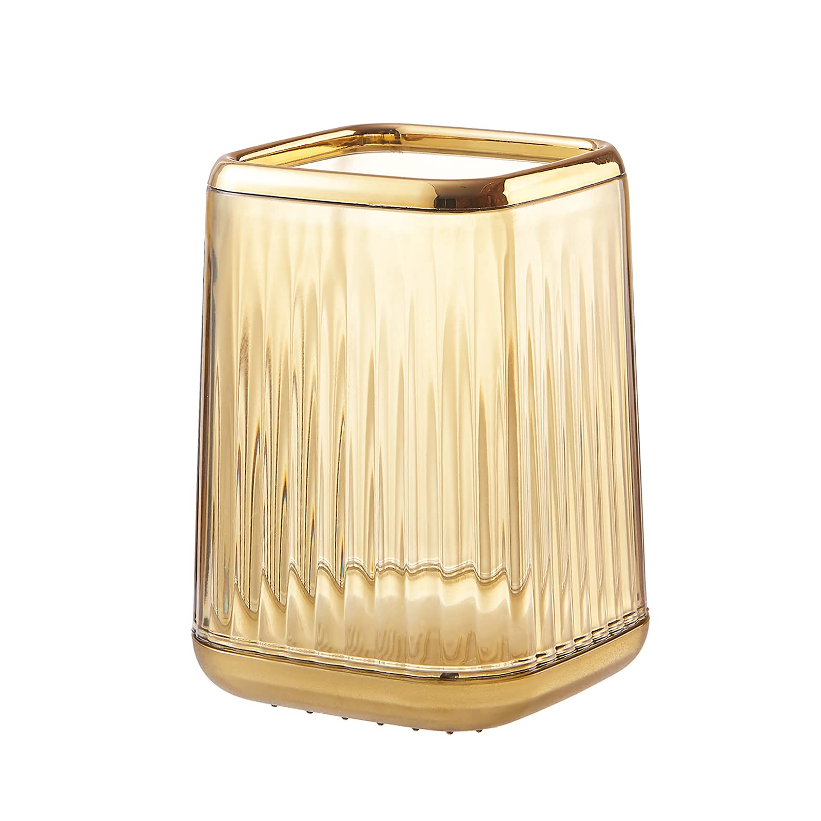 DASITON Makeup Brush Holder Organiser, Acrylic Makeup Organiser Square Cosmetic Brush Storage Holder, Vintage Stripe Make Up Brush Cup Pen Pencil Holder (Amber)