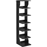VASAGLE 7-Tier Vertical Shoe Rack, Narrow Shoe Storage Organizer with Hooks | Slim Corner Tower Shelf, Space Saving for Entryway and Bedroom, Ink Black, ISLAND Collection ULBS200T16