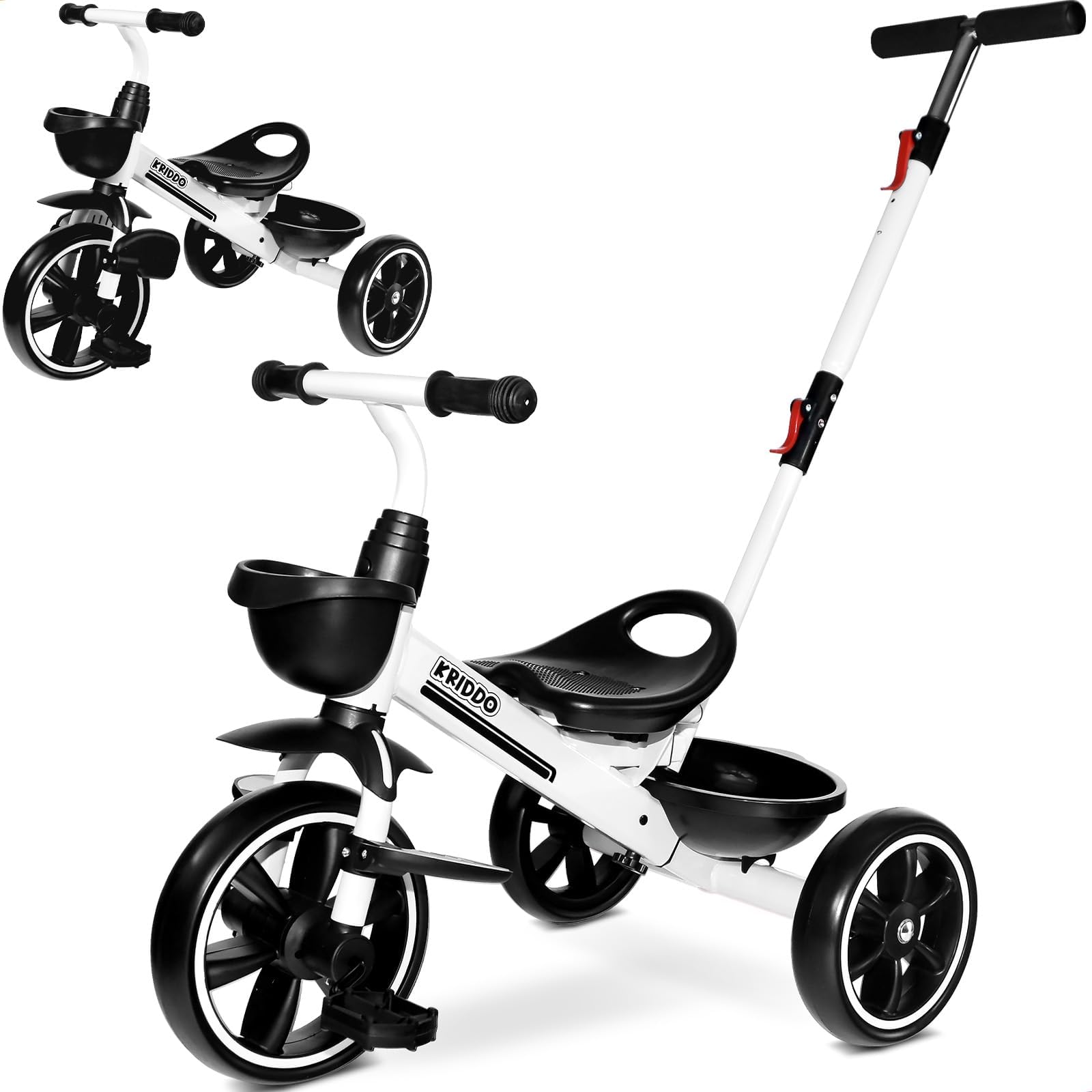 Photo 1 of KRIDDO 2-in-1 Toddler Tricycle for Ages 18 Months to 5 Years Old - Extended Push Handle for Effortless Push, Gift Trike for Toddler 3 to 5 Year, Kids Tricycle with Foldable Front Footrest, White
