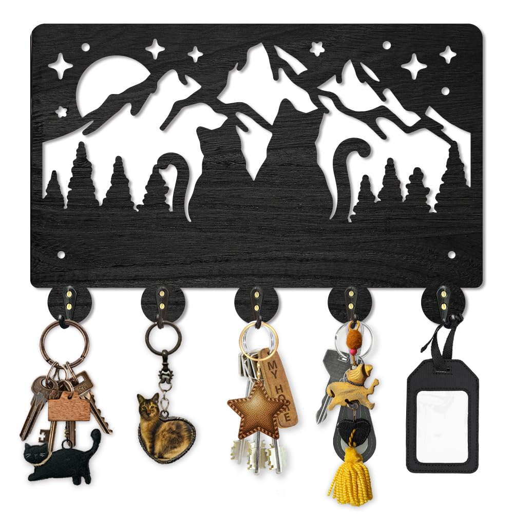 MAYJOYDIY Cat Mountain Moon Coat Rack Wall Mount Animal Starry Sky Wood Key Hooks for Wall 30×20cm Black Key Holder Hanger Wall Art Decor with 5 Alloy Hooks for Gift Hallway Entryway Kitchen