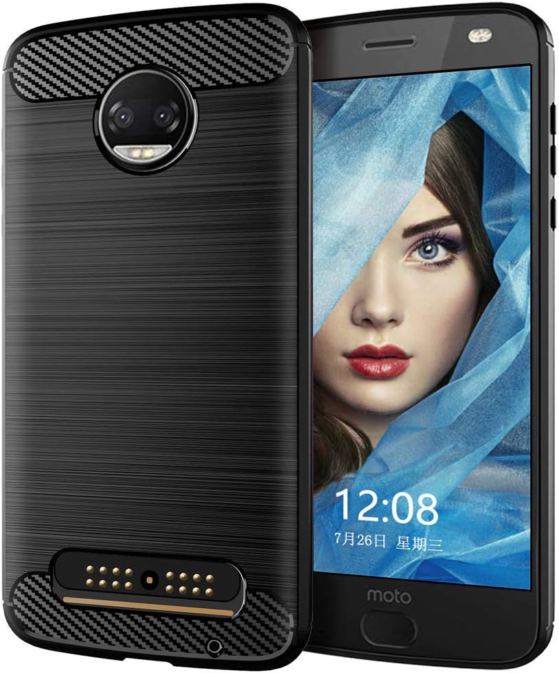 Moto Z2 Force Case, [Slim Thin] Soft Skin Silicone (Anti-Fingerprint) Flexible Shock Absorption Carbon Fiber Pattern TPU Protective Cases Cover for Moto Z2 Force(Black)