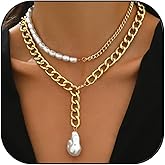 Gold Baroque Pearl Pendant Necklace for Women Chunky Pearl Cuban Chain Necklace Layered Pearl Chain Y Necklace Trendy Birthday Jewelery Gifts