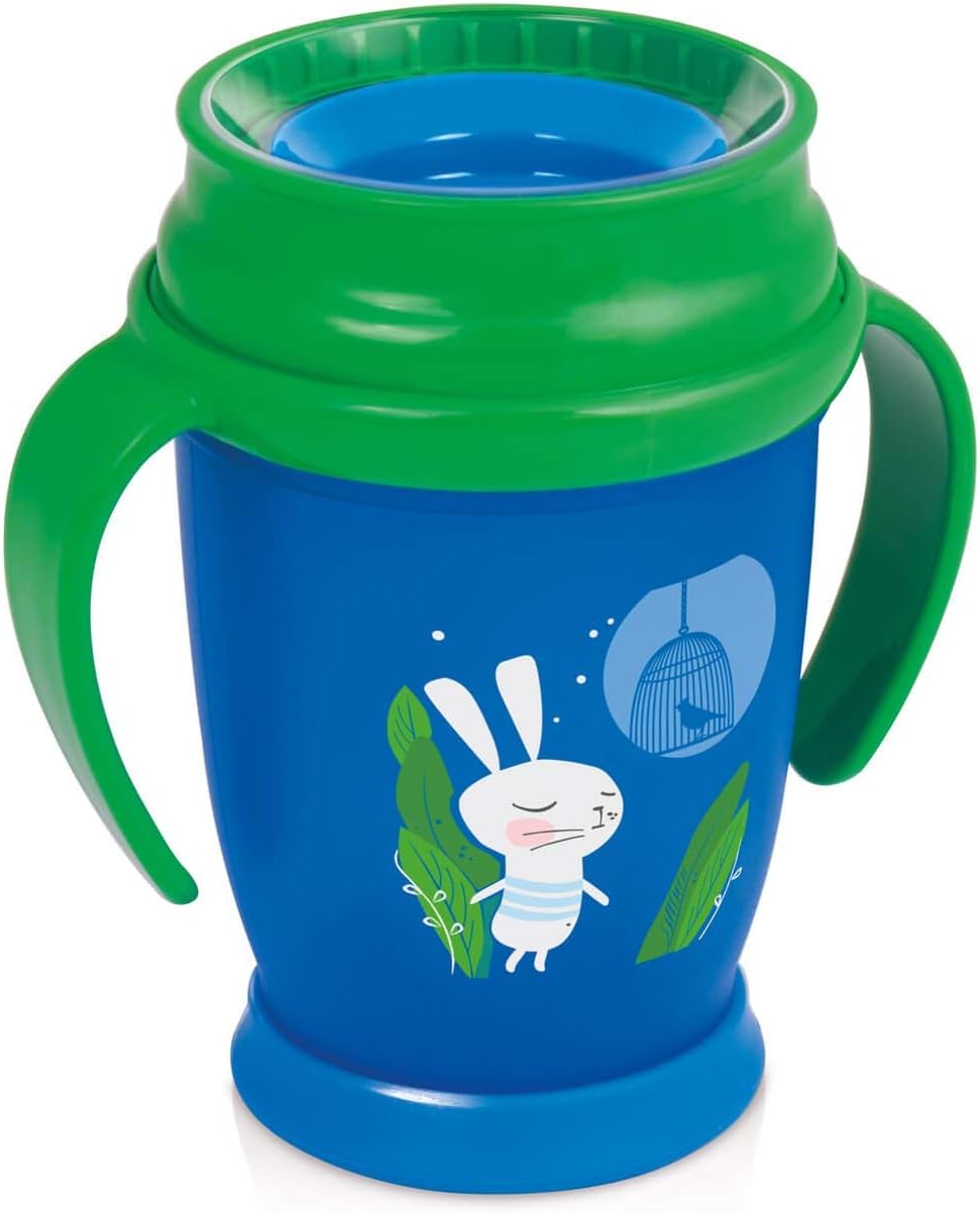 LOVI 360 Degree Toddler Trainer Sippy Cup | 12m+ | 250 ml | BPA Free | SteriTouch Antibacterial Protection | Profiled Handles | Innovative Sealing System | Easy to Clean | Follow The Rabbit | Green