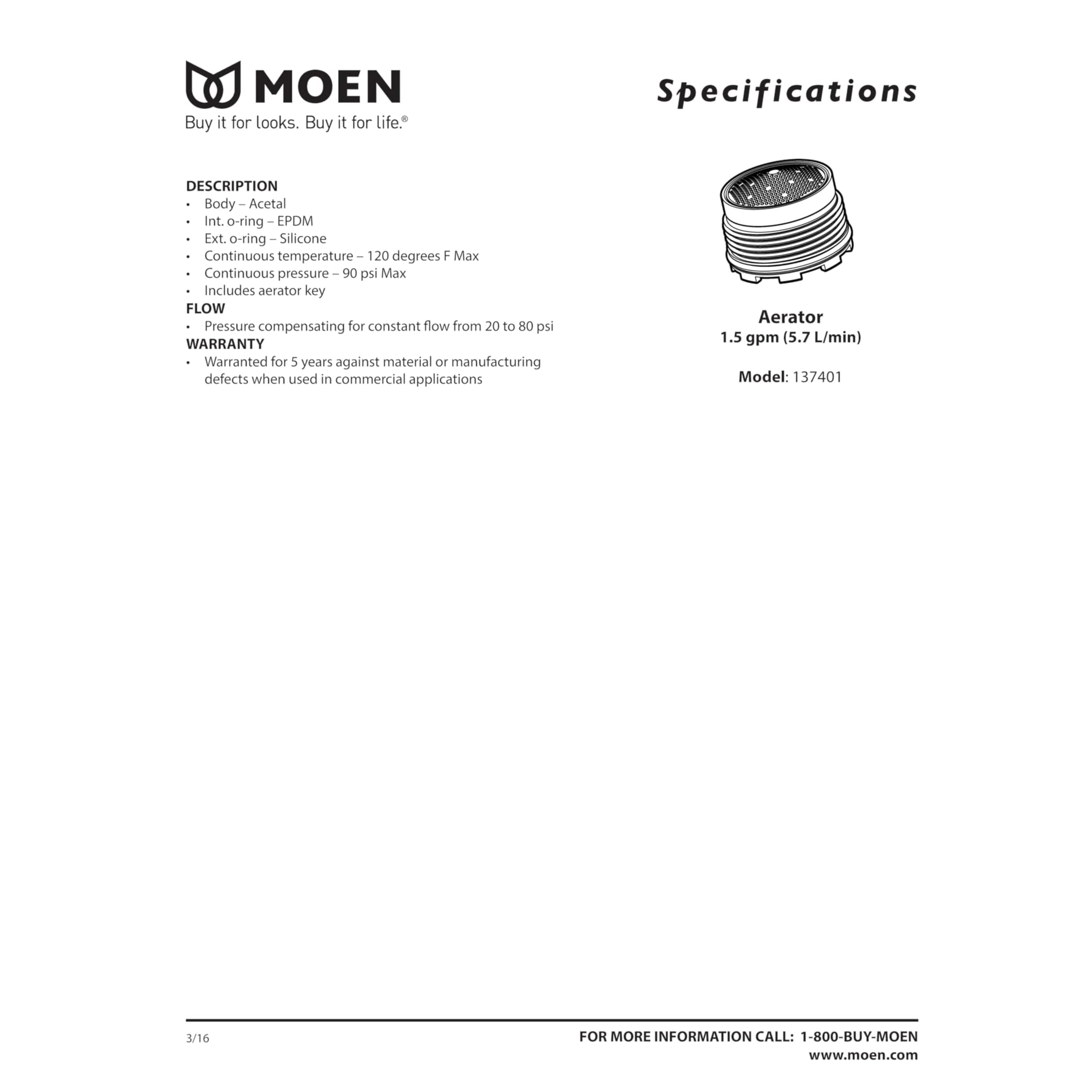 Moen 137401 Eco-Performance Aerator Flow Restrictor Service Kit for Rothbury or Voss, 1.5 gpm