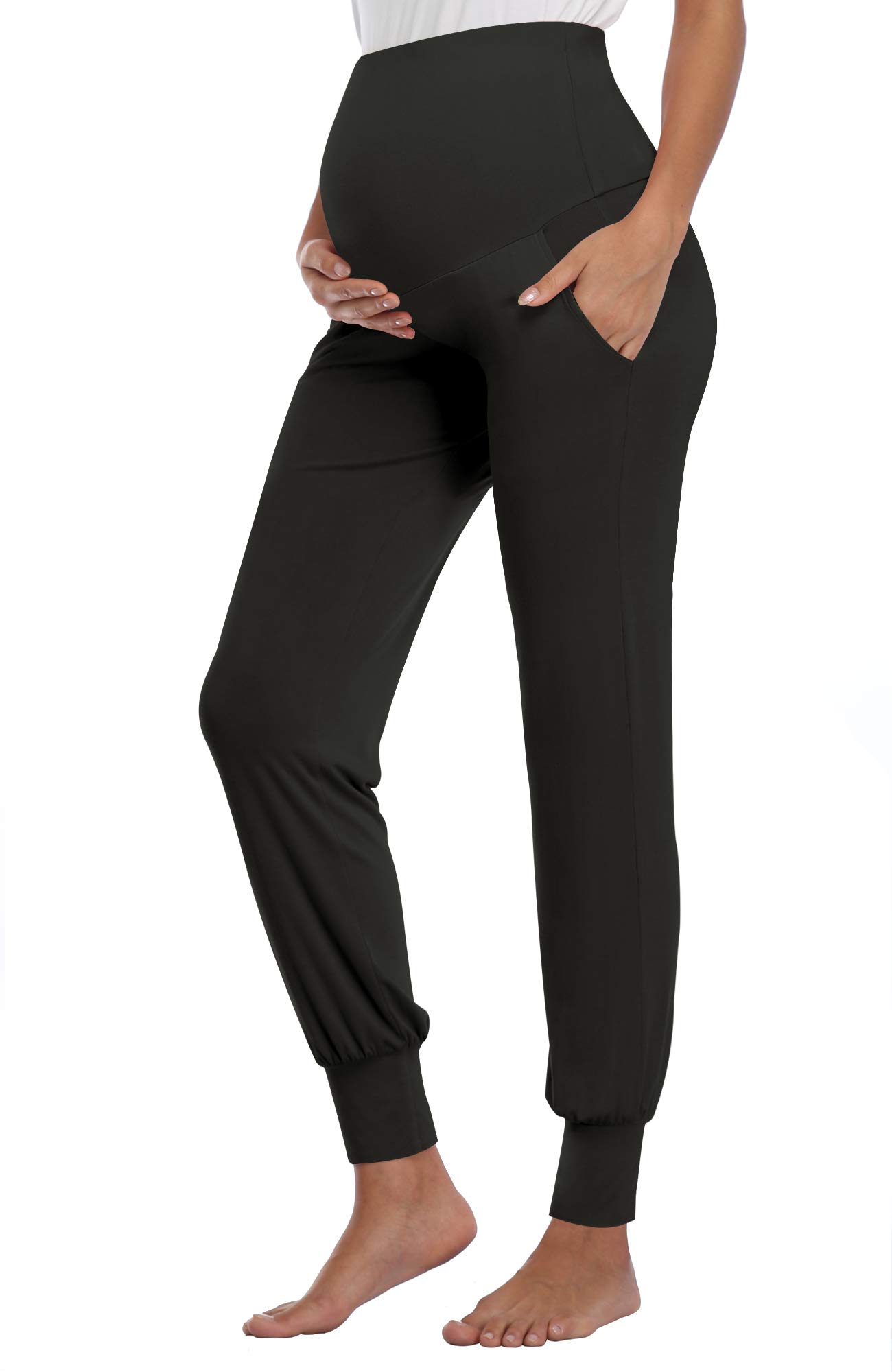 Photo 1 of AMPOSH Women's Maternity Pants Stretchy Lounge Workout Pants Casual Loose Comfy Pregnancy Joggers with Pockets(Black, M)