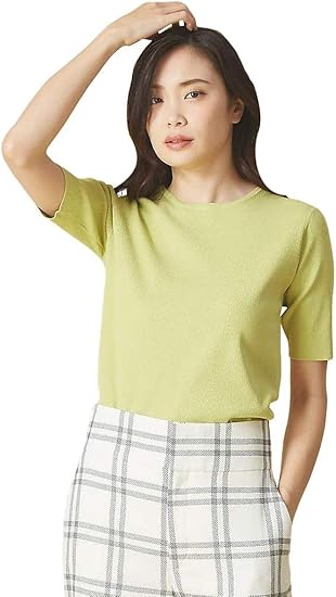 Amazon カリテ Qualite トップス ウォッシャブルベーシックニットtシャツ レディース ライム 36 S Tシャツ カットソー 通販