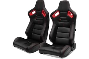 IKON MOTORSPORTS, Universal Racing Seats Pair with Dual Sliders, Black with Red Stitch and Red Bezel, PU & Carbon Leather Reclinable Left Right Pair