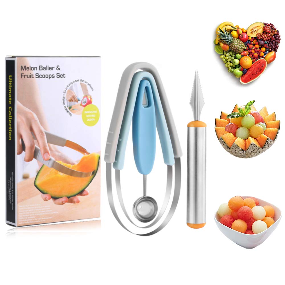 YISUYA 4 PCS Stainless Steel Digging Fruit Set, Including Melon Ball Spoon, Meat Cleaver, Peeler and Melon Cutter, Multi-Function Kitchen Tool for Fruit Platter, Salad, ice Cream, Pumpkin Carving