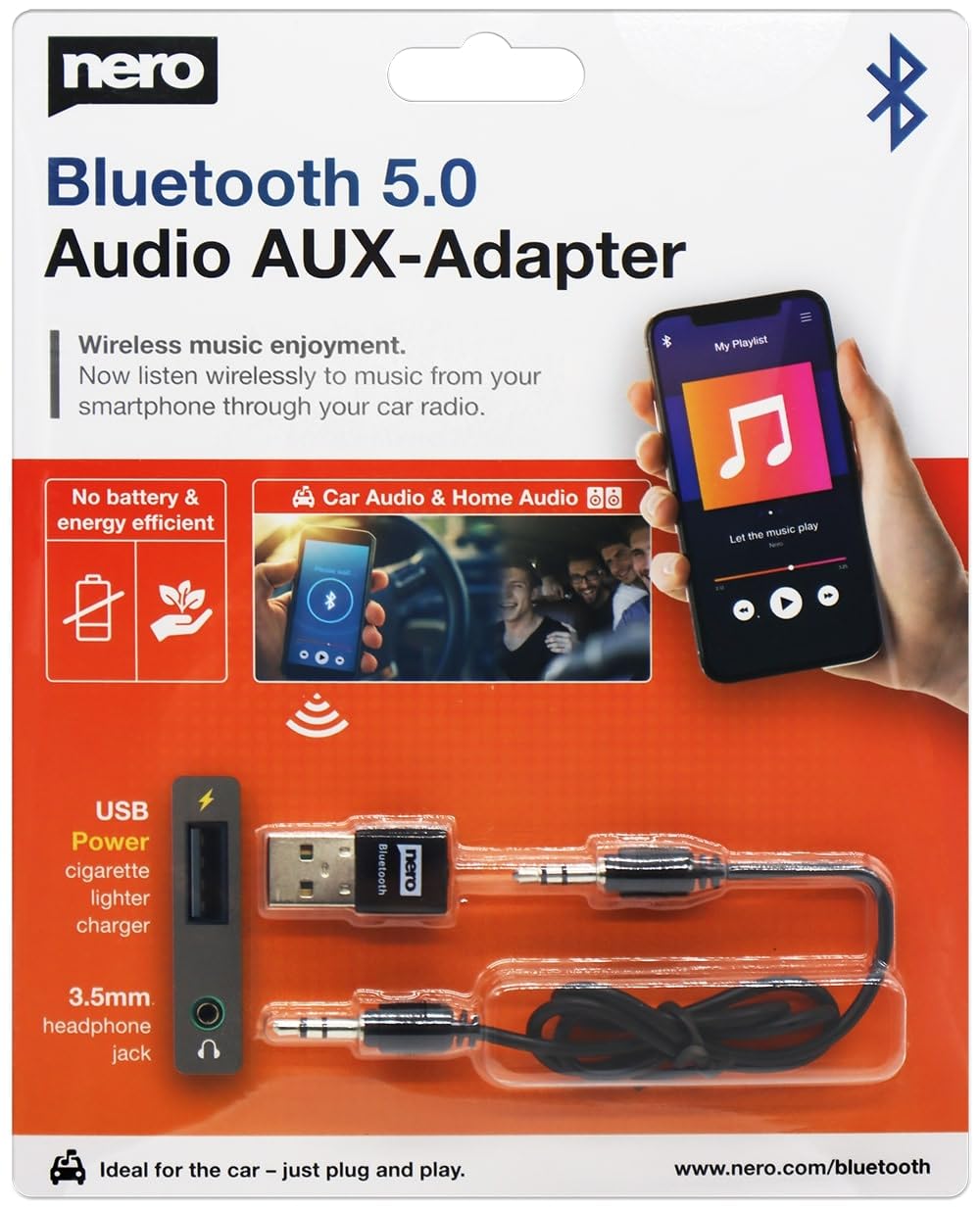 Nero Bluetooth 5.0 Audio Receiver | Make Your Hi-Fi or Car Stereo Wireless | USB Dongle with 3.5 mm Jack & 48 cm Cable | No Battery Needed | Auto Connect | Compact & Discreet