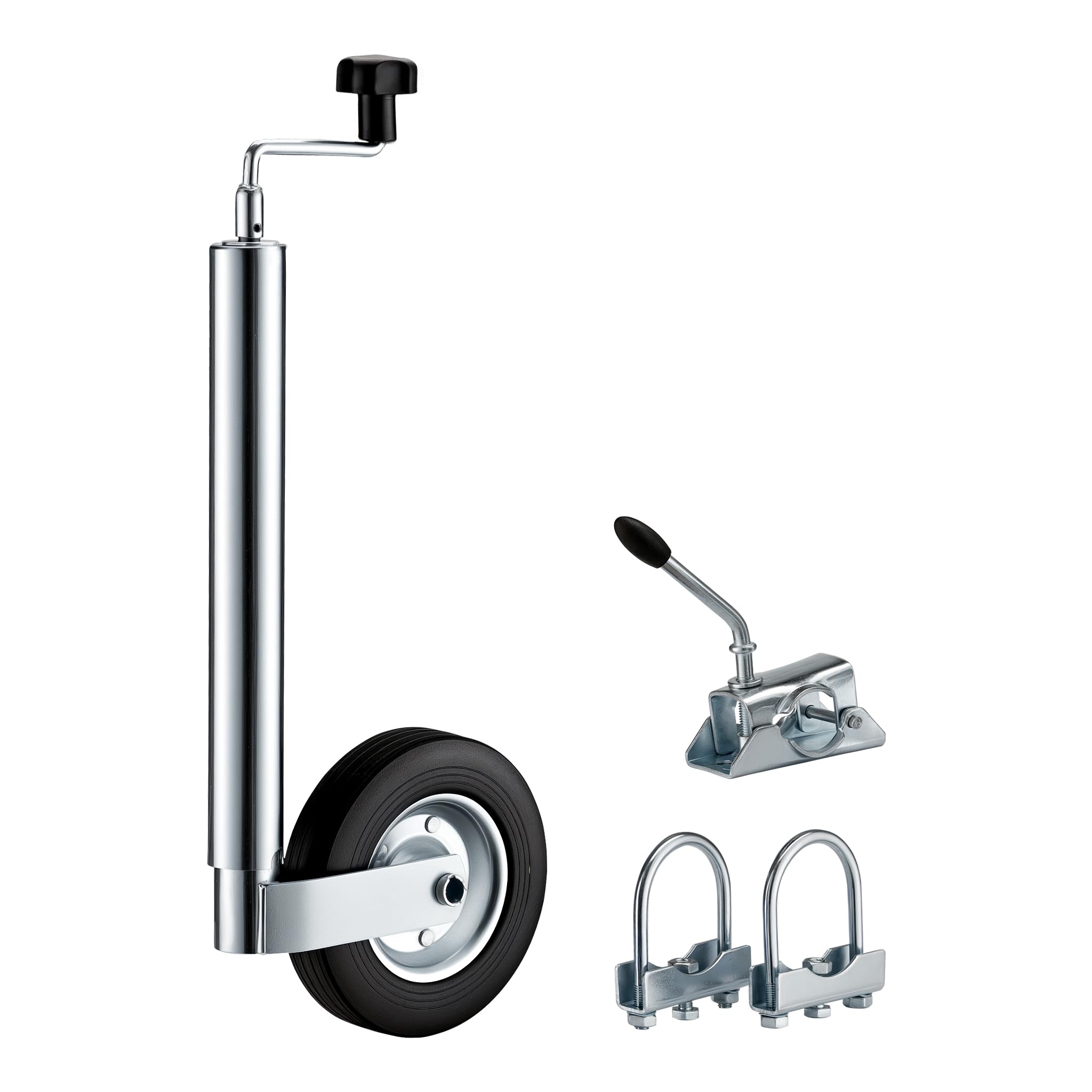 Wiltec Stützrad für Anhänger bis 362 kg ø48 mm, Bugrad inkl. Klemmhalter & Schellen, Abstellstütze mit pannensicheren Reifen