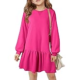 Haloumoning Girls Long Sleeve Dresses Sweatshirt Dress Kids Casual Crewneck Rib Knit Mini Dress 5-14 Years