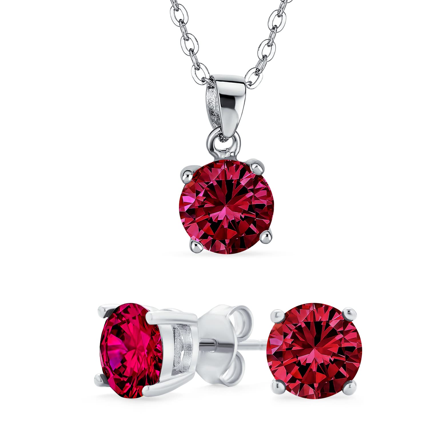 Simple Delicate Solitaire Round Red Pendant Stud Earrings Jewelry Set Cubic Zirconia Simulated Ruby Rhodium Plated .925 Sterling Silver