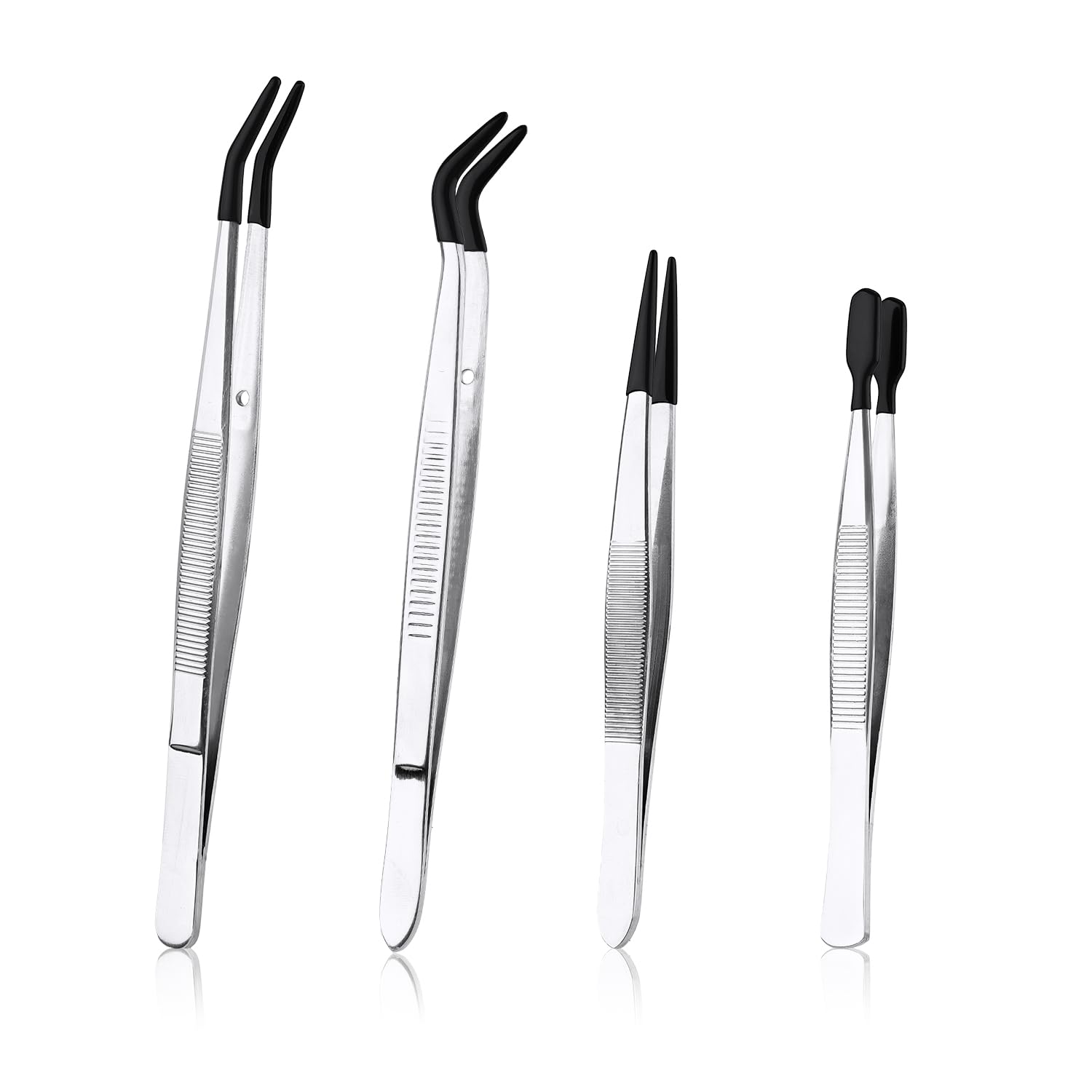 4pcs Tweezers with Rubber Tips - Stainless Steel Coated Tools Includes Straight, Flat, Long Curved Jewelry Tweezers for Crafts & Lab (Black)