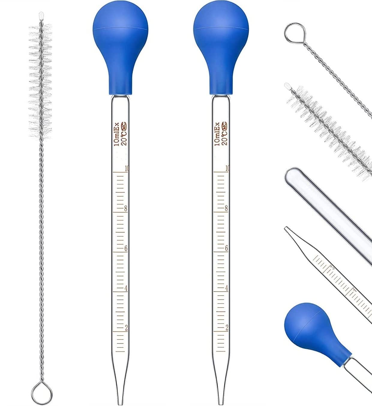 KOMUNJ 2 Pcs 10ml Glass Pipette Dropper Graduated with Rubber Suction Bulb + 1 Pc Cleaning Brush, for Liquid Essential Oil Laboratory Chemistry Use