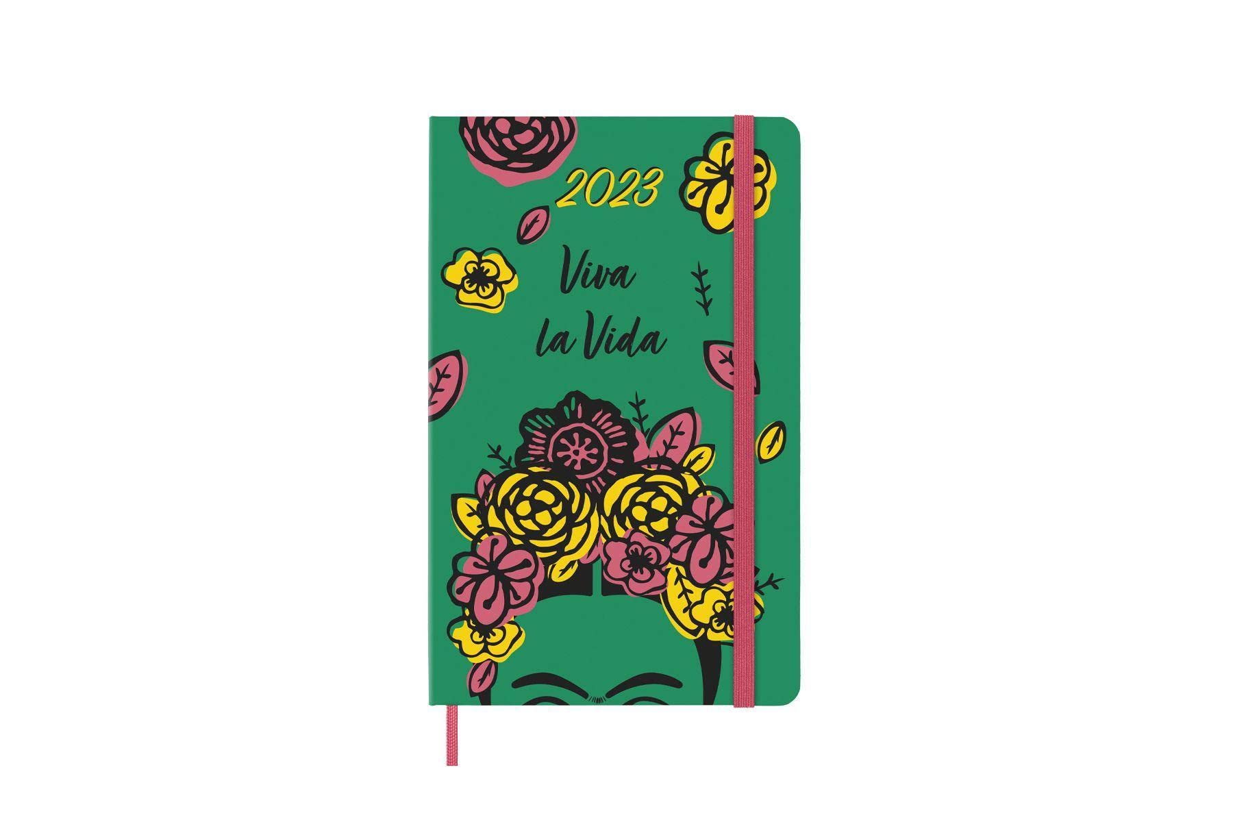 Moleskine Daily Planner 2023, 12-Month Monthly Diary, Limites Edition Frida Kahlo, Daily Planner With Hard Cover and Elastic Closure, Large Size 13 x 21 cm, Colour Green