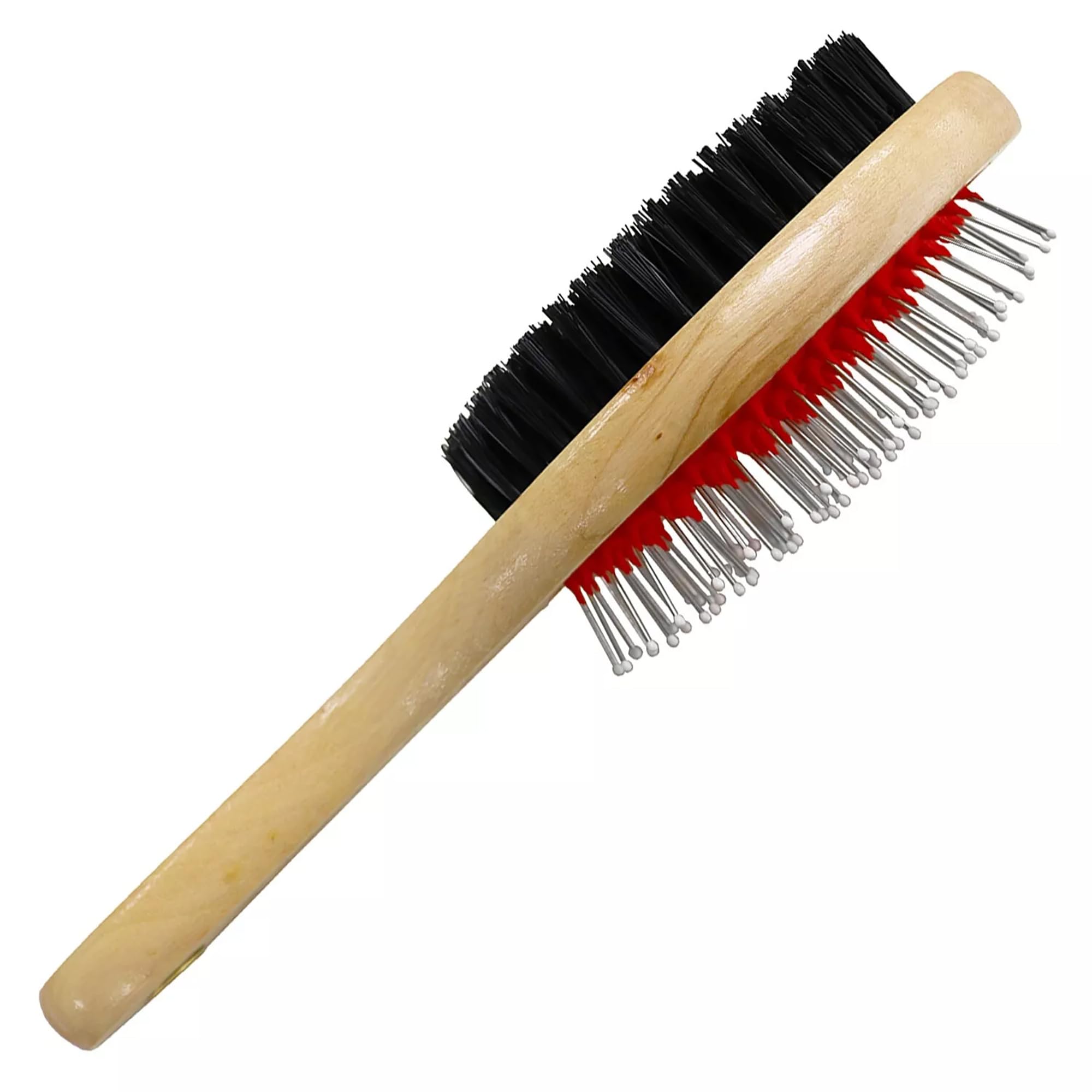 Vetfleece Double Sided Dog Brush Cat Grooming Pet Massaging Cleaning Wooden Handle with Nylon Bristled and Metal Pins Detangler