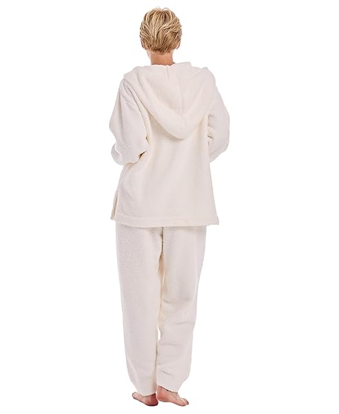 ISTYLISH WOMENS FLEECE PAJAMAS SETS 2 PIECE SHERPA PAJAMA LONG SLEEVE SOFTIES LOUNGEWEAR SET FUZZY FLANNEL FOR WOMEN HOODED(CREAM L)