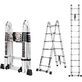 Wolec 12.5FT A-Frame Telescoping Extension Ladder with Wheels, Silver | 330 lb capacity, aluminum alloy, balance bar, auto-lock rungs, non-slip feet, compact storage for home and garage