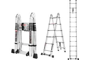 Wolec 12.5 FT A Frame Telescoping Ladder, Extension Multi-Purpose w/Balance Bar & Wheels, Ladder A Frame, Heavy Duty 330 lbs Max Capacity, Ideal for Home and Outdoor Work, Silver