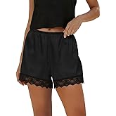 Micoson Womens Satin Lace Shorts Y2k Lounge Pajama Shorts with Pockets Low Rise Comfy Casual Micro Mini Bottoms