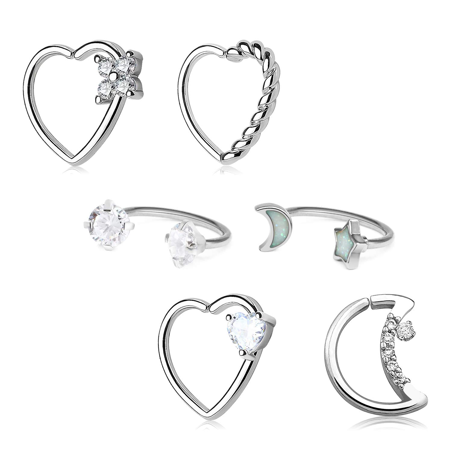 Longita Daith Rook Snug Tragus Piercing Earrings Stainless Steel 16G Heart Moon Shaped Horseshoe Rings Ear Cartilage Ring Body Piercing Jewelry 6PCS-Silver