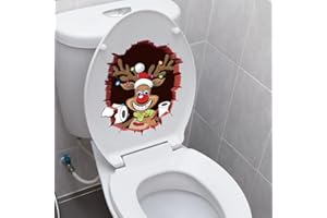 Iprokiu Christmas Toilet Sticker Santa Claus Reindeer Elf Toilet Seat Cover Decal Waterproof Christmas Crack Toilet Seat Lid Decal Snowman Elk Washroom Decoration (Smiling Reindeer)