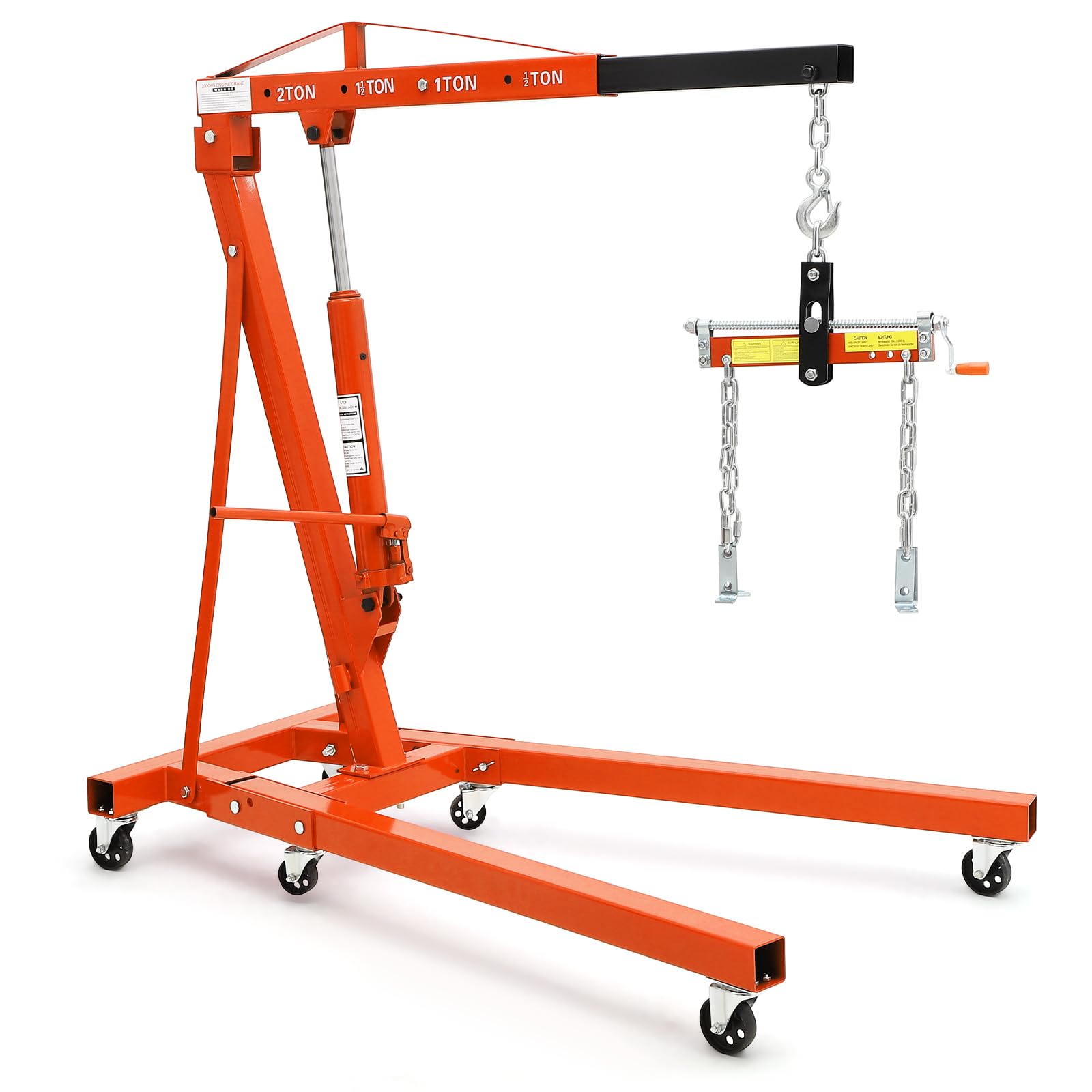 Photo 1 of 2 Ton Folding Hydraulic Engine Hoist with Load Leveler 44 LBS Capacity Heavy Duty Cherry Picker 6 Swivel Wheels&Hydraulic Pump Adjustable Boom (0.5T-2T) for Garage Workshop Warehouse Orange