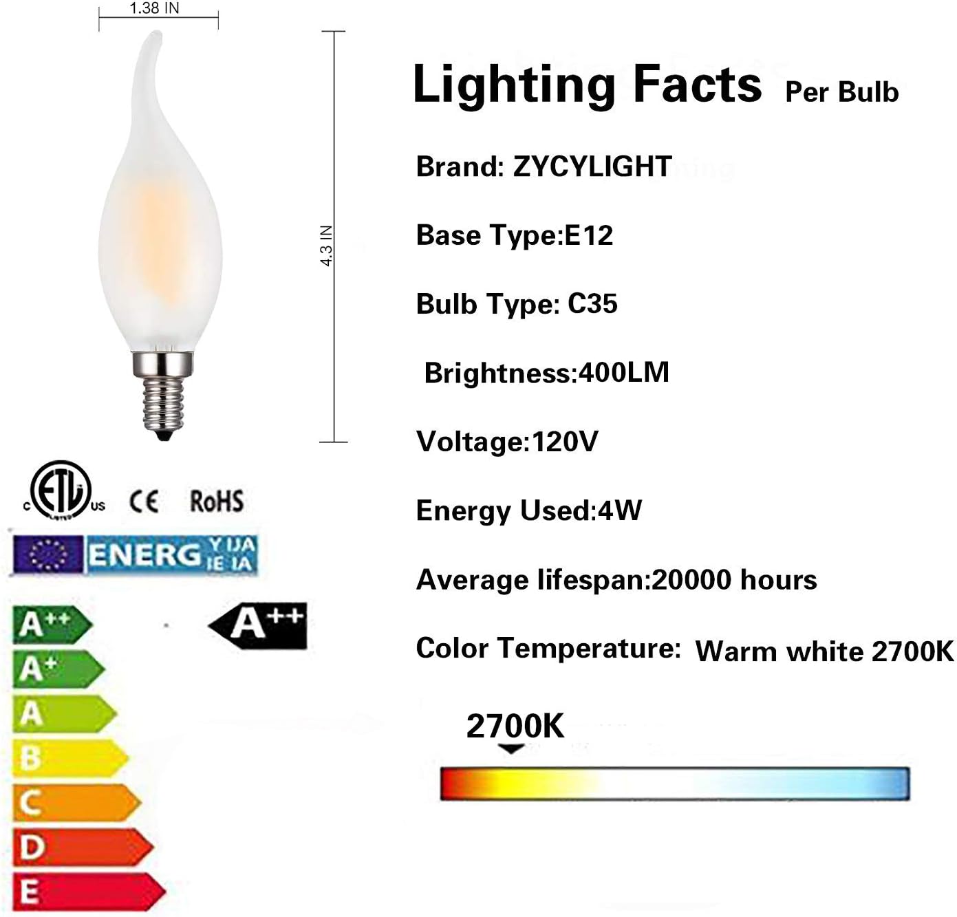 Candelabra LED Bulb, 60W Equivalent E12 Base LED Candle Bulbs, C35 Flame Shape Bent Tip, E12 LED Bulb, 6w LED Light Bulb, B11 LED Chandelier Bulbs, 2700K Warm White, Forsted Glass Cover, 10 Pack - - 