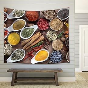 Flavorful, Colorful Spices in Ceramic and Metal Bowls on Wooden Background. - Fabric Wall Tapestry Home Decor - 51x60 inches